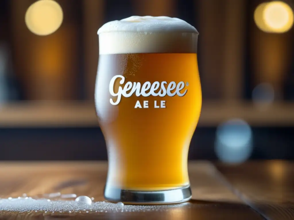 Cerveza cremosa en vaso de vidrio Vaso de cristal helado con Genesee Cream Ale, textura cremosa y burbujas doradas