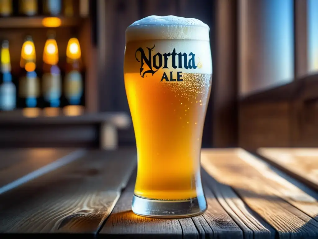 Cerveza Nortña Golden Ale en vaso de vidrio helado, con burbujas y espuma cremosa