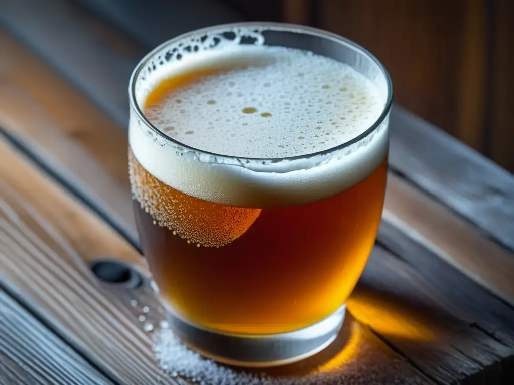 Cerveza fría de color ámbar en vaso de cristal Imagen detallada de una cerveza Ruthless Rye IPA helada en un vaso de cristal congelado, con condensación en su superficie y burbujas efervescentes