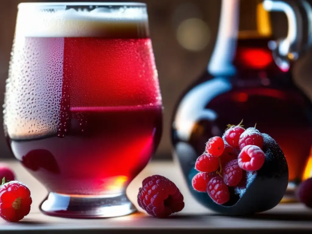 Delicioso lambic de frambuesa Lambic y frutas frescas: Vaso de vidrio con cerveza rubí lambic, adornada con frambuesas maduras y condensación refrescante