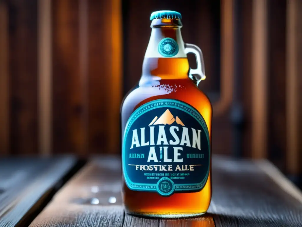 Botella de Alaskan Amber Ale cubierta de escarcha Amber Ale Alaskan Frostkissed: Botella goteante en una mesa rústica de madera con condensación y bokeh