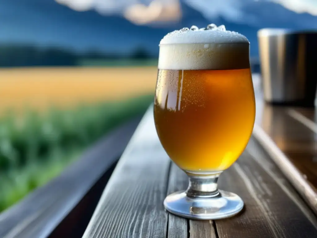 Deliciosa cerveza Saison dorada Cerveza Saison dorada en copa helada, con condensación y espuma blanca -