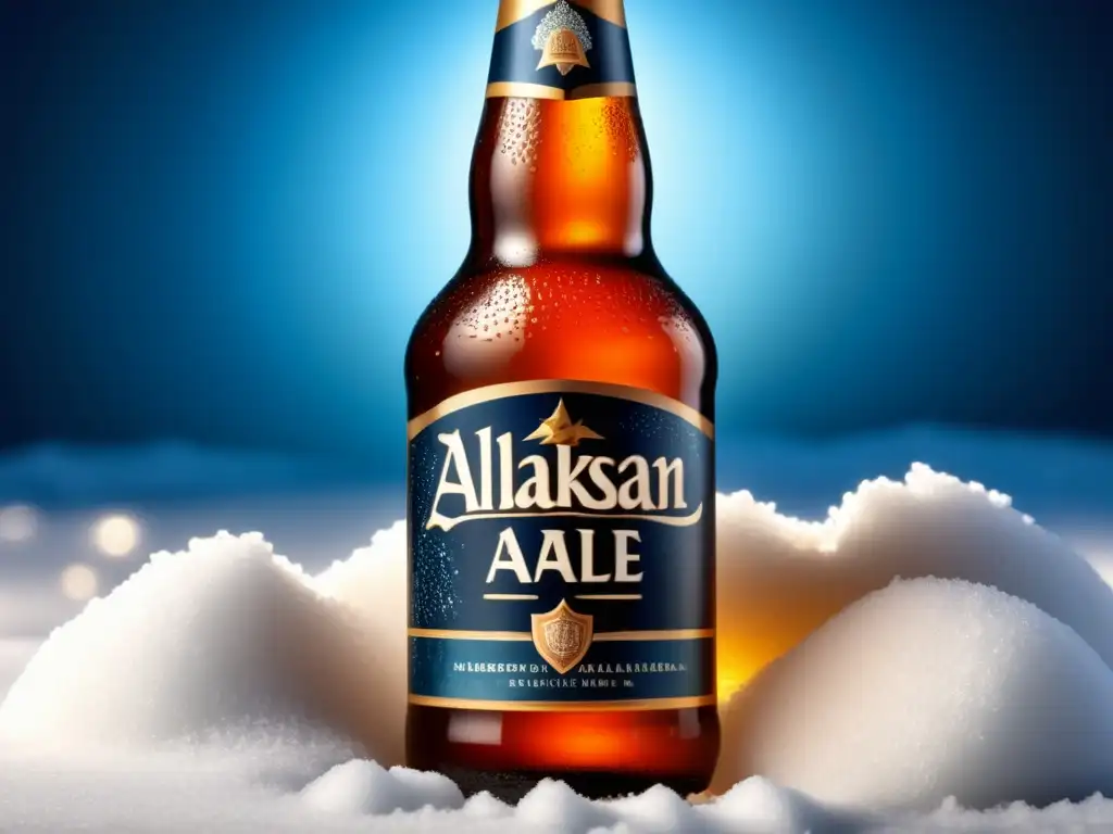 Botella de Alaskan Amber Ale con escarcha en la nieve Una botella de cerveza Amber Ale cubierta de escarcha, sobre nieve y rodeada de cristales de hielo