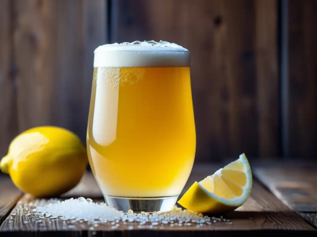 Cerveza Berliner Weisse y desayunos ligeros en una imagen atmosférica con condensación en el vidrio y limón