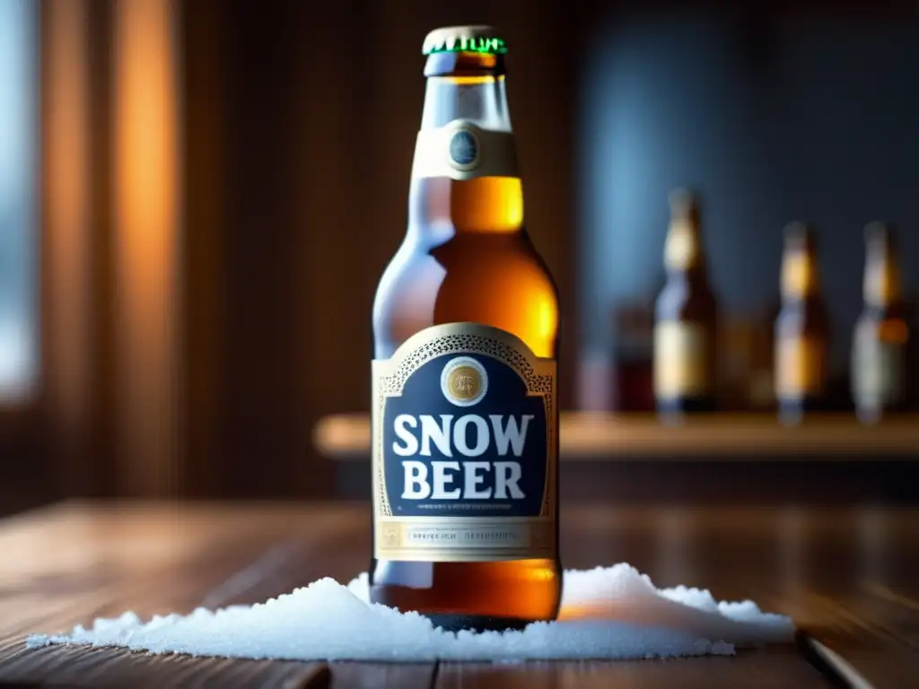 Botella helada de Snow Beer en mesa de madera, resaltando el detalle de la etiqueta