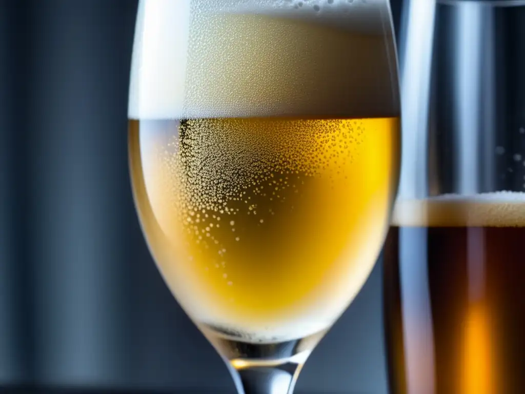 Copa de champagne helada con una cerveza Brut IPA dorada