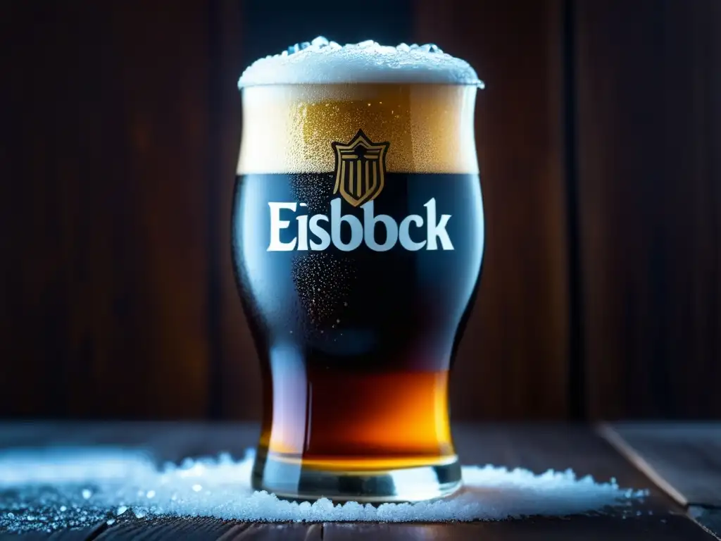 Vaso de cerveza Eisbock con hielo y condensación en mesa de madera