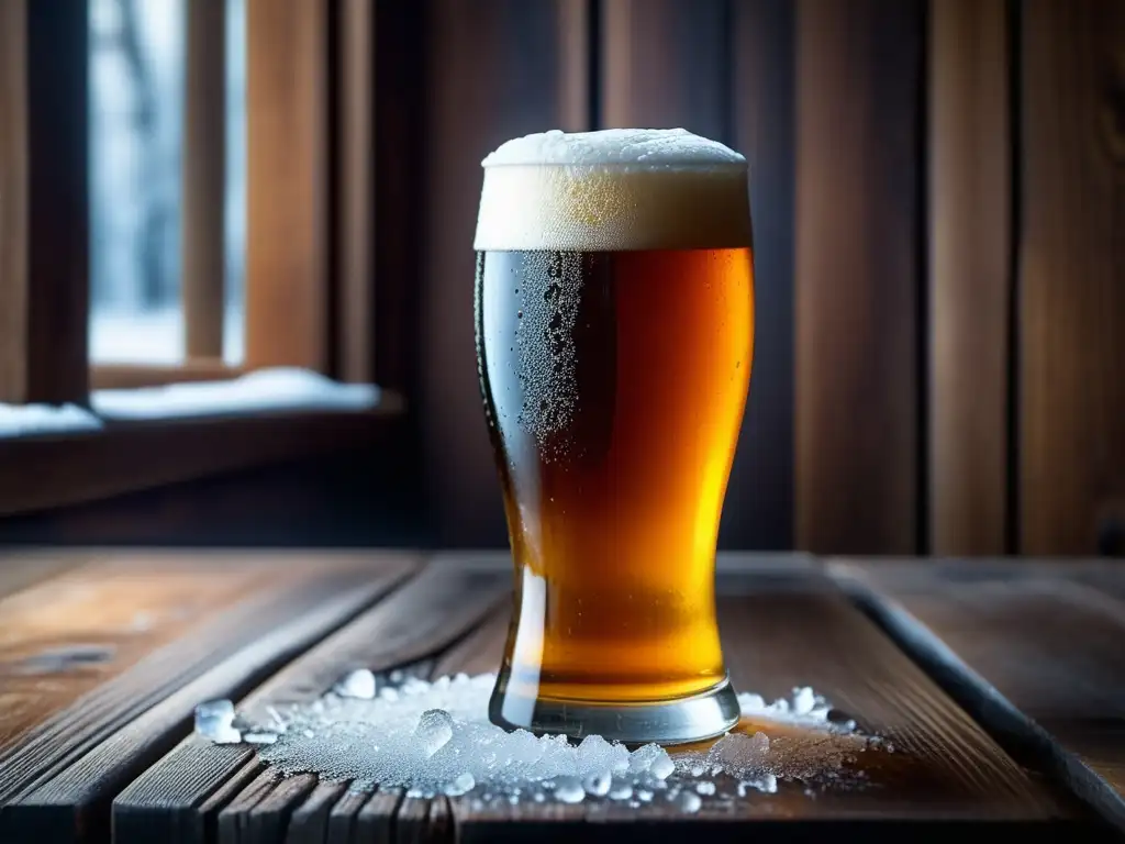 Imagen detallada de un vaso de cerveza Eisbock ámbar congelado, con condensación y cristales de hielo en una mesa rústica