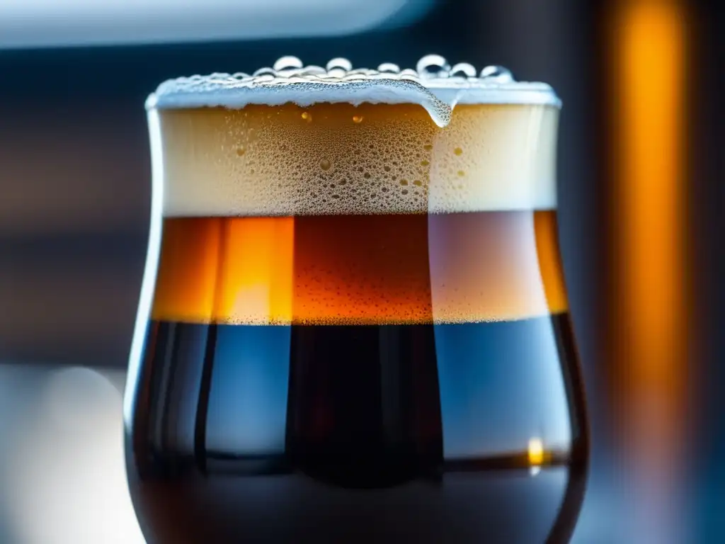 Cerveza Eisbock: Rico color ámbar en vaso helado Cerveza Eisbock oscuro en vaso escarchado, con textura suave y burbujas finas