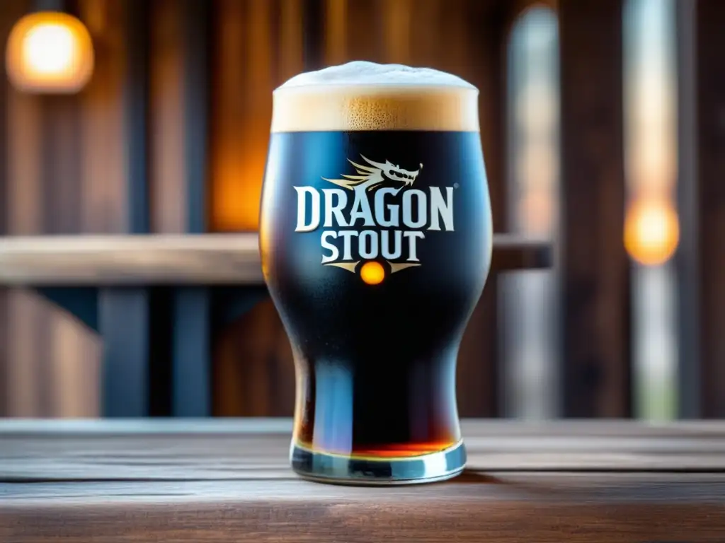 Cerveza Dragon Stout: vaso de vidrio con cerveza negra y espuma cremosa, paisaje tropical de fondo