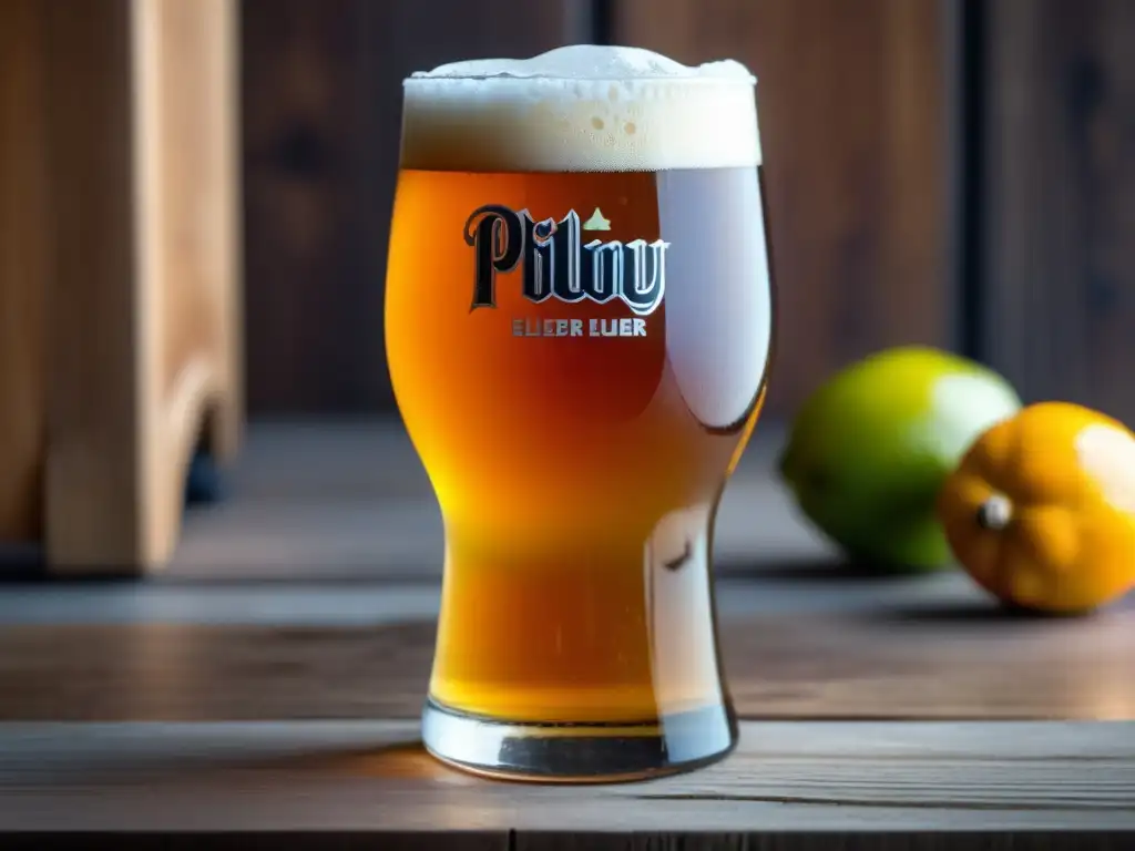 Detalle de una cerveza Pliny the Elder en vaso helado Cerveza Double IPA en vaso helado rodeado de lúpulos y cítricos