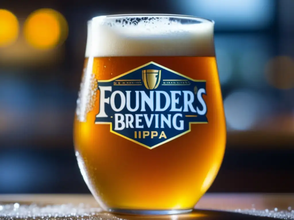 Cerveza Session IPA dorada con condensación en el vaso y burbujas, marca Founders Brewing Company