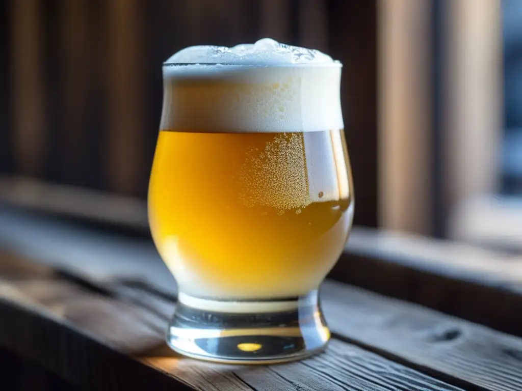Vaso de cerveza Westbrook Gose, dorada y refrescante, con burbujas y condensación en mesa de madera