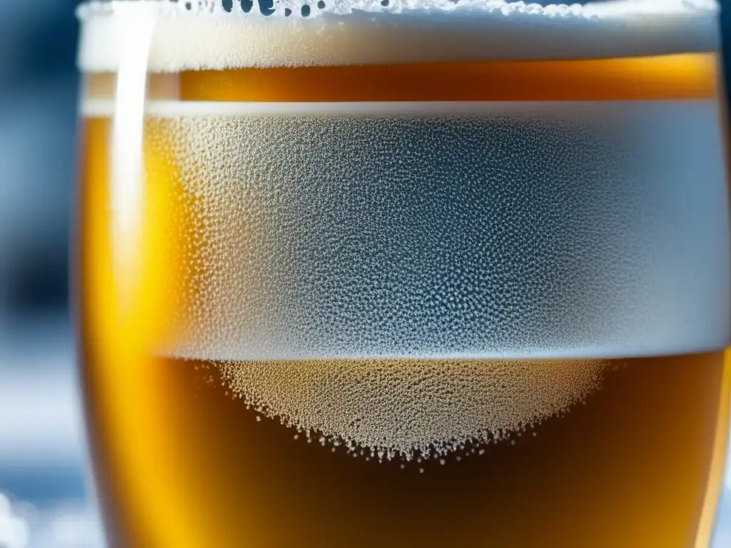Cerveza IPA fría con hielo y condensación Una copa de cristal cubierta de escarcha con una refrescante Cold IPA dorada, burbujeante y con textura de hielo
