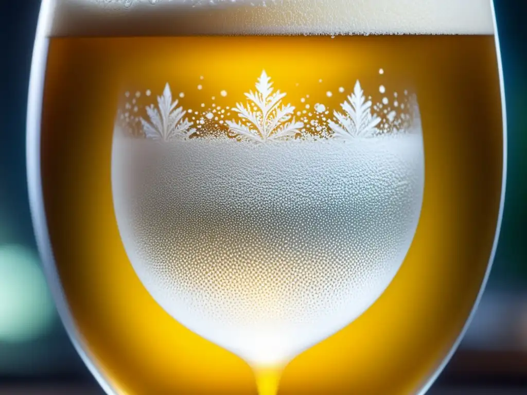 Cerveza Saison dorada en vaso helado Cerveza Saison dorada en copa de cristal helado, con burbujas efervescentes y condensación fresca