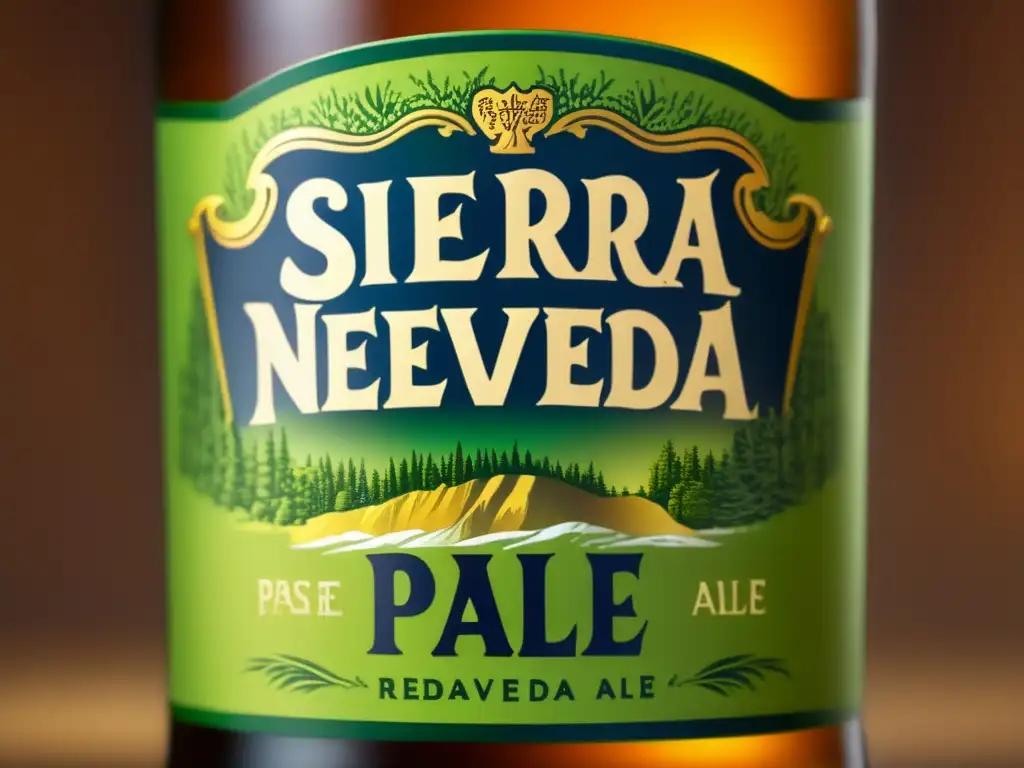 Cerveza artesanal Sierra Nevada APA: Botella helada de Sierra Nevada Pale Ale con condensación en el vidrio, resaltando su elegancia y atención al detalle