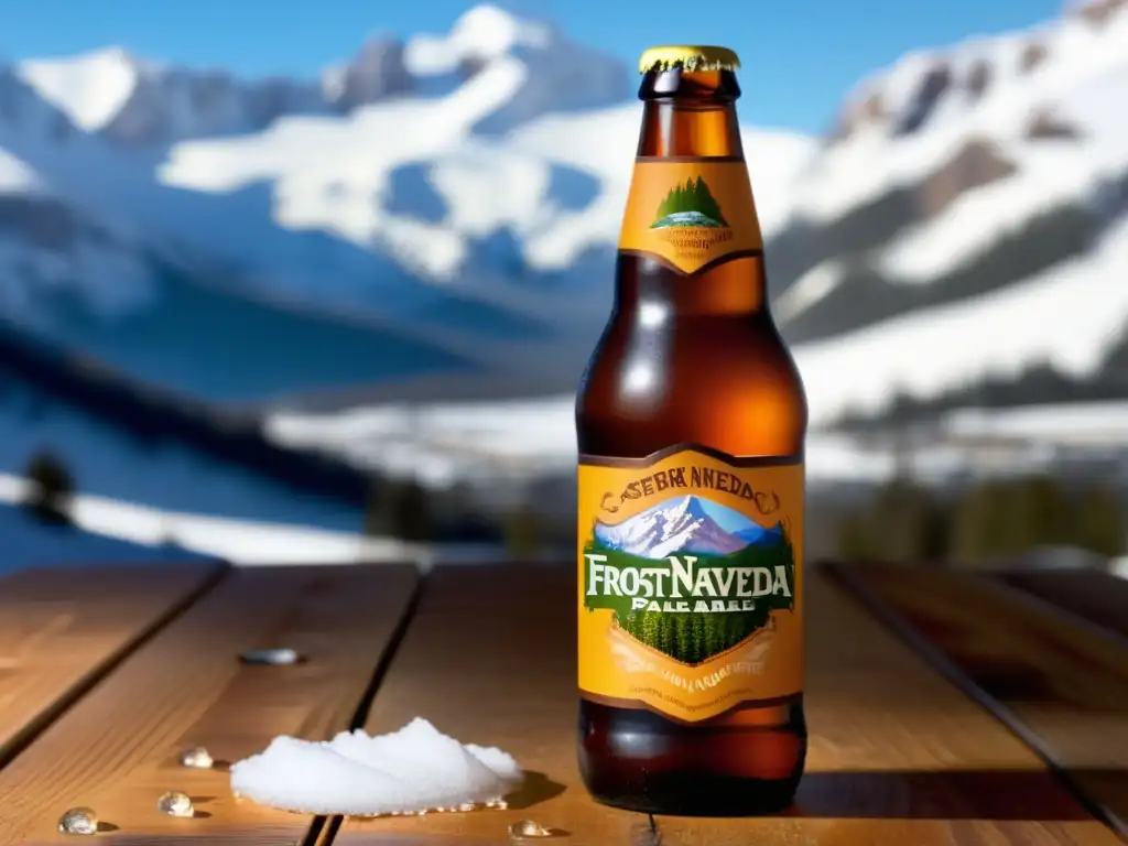 Botella de Sierra Nevada Pale Ale en la nieve Botella de Sierra Nevada Pale Ale en una mesa de madera con montañas nevadas de fondo