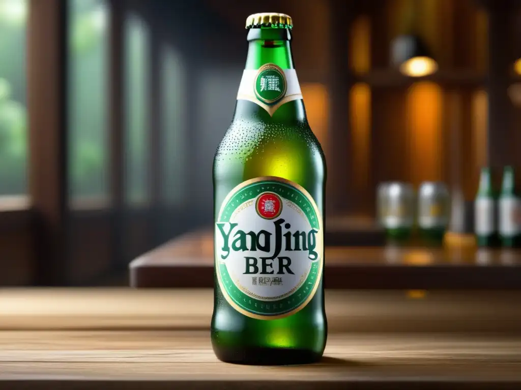 Botella helada de cerveza Yanjing en mesa de madera
