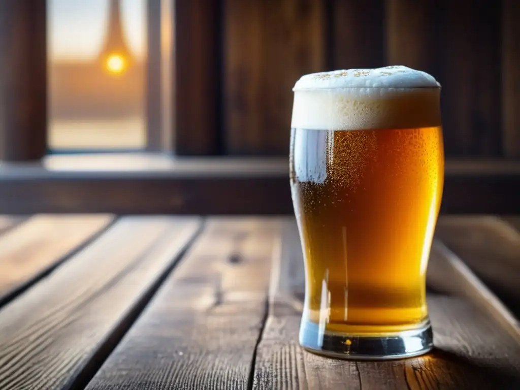 Cerveza dorada en vaso de madera Una cerveza dorada y espumosa en una mesa de madera rústica, resaltando su textura rica y burbujas