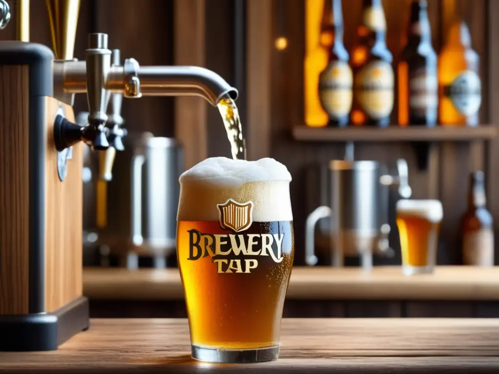 Cerveza artesanal con burbujas doradas y logo de la cervecería - Glosario cervecero