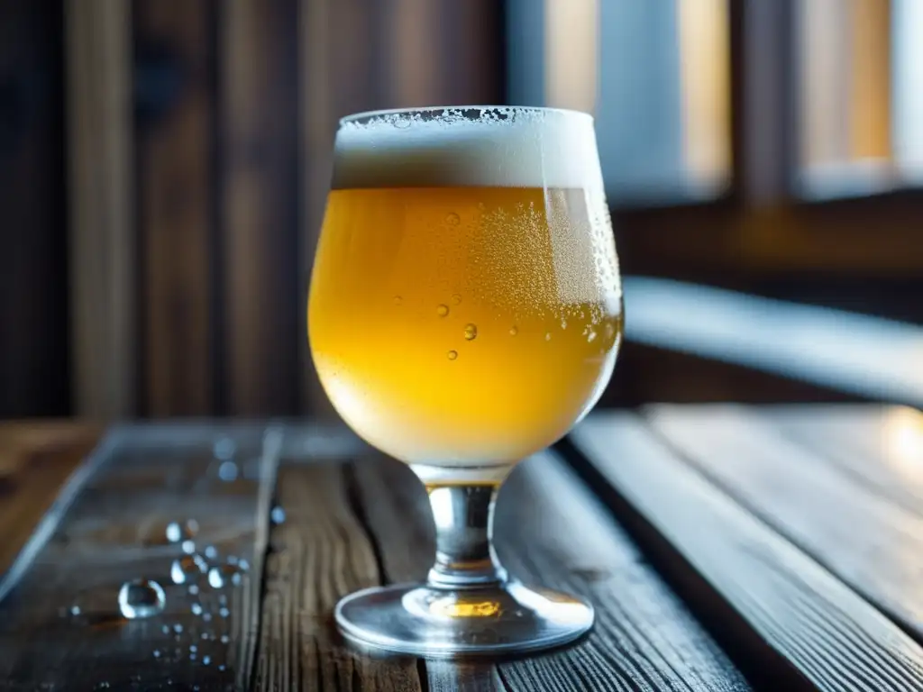 Cerveza dorada y burbujeante en vaso helado Cerveza Berliner Weisse en vaso con condensación y burbujas