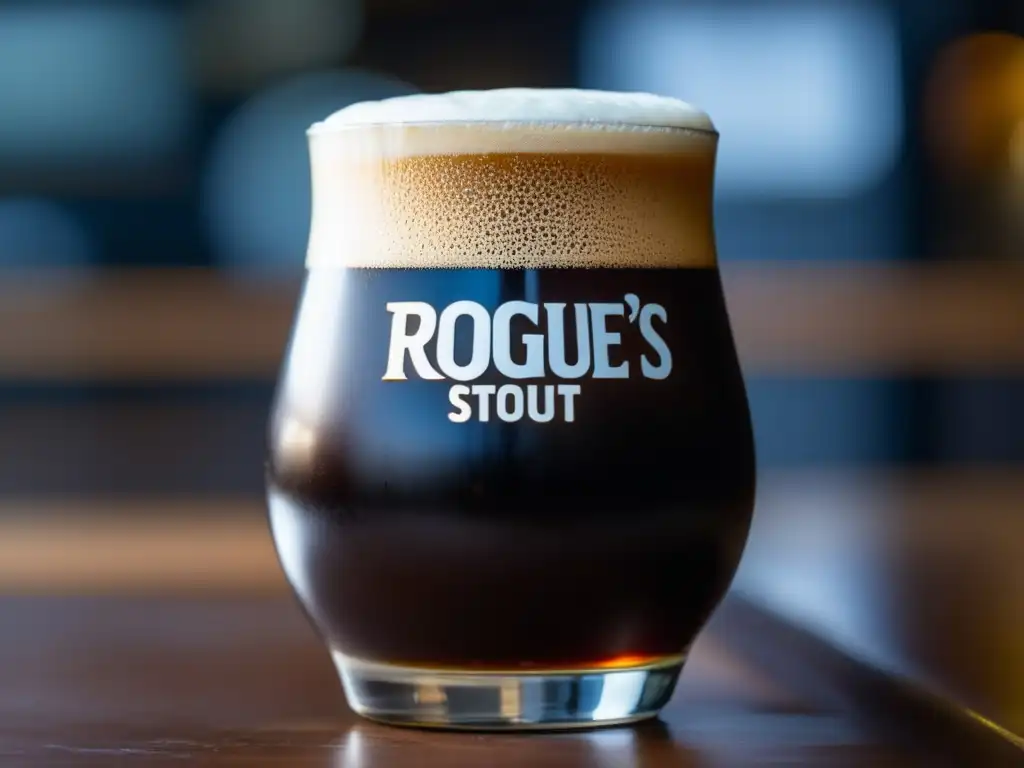 Delicioso Chocolate Stout Cerveza Rogue Chocolate Stout, color marrón oscuro, espuma cremosa y condensación refrescante