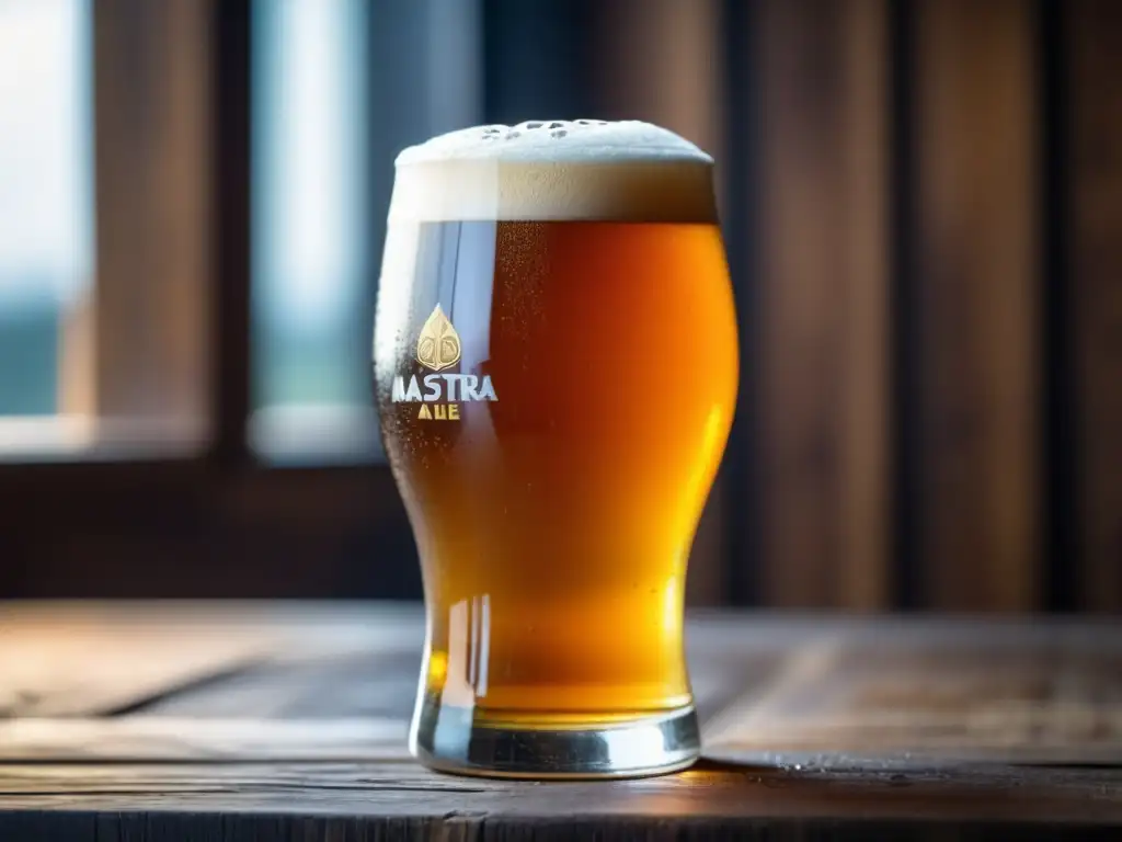 Cerveza Mastra English Pale Ale Cerveza Mastra English Pale Ale con espuma y burbujas en vaso de madera