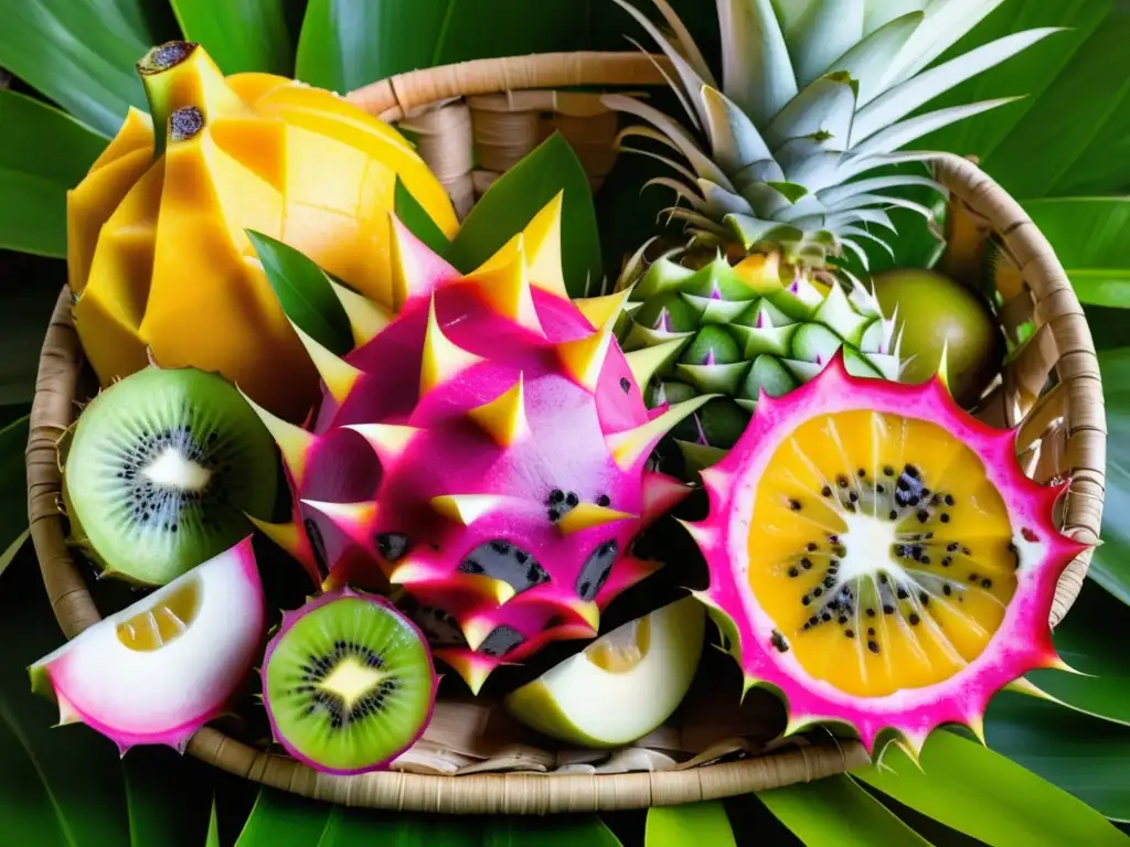 Cesta de frutas exóticas: una exhibición vibrante de sabores Sabor Exótico: Canasta de frutas tropicales, exquisitamente detallada, resaltando la variedad vibrante de sabores exóticos
