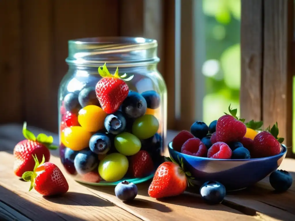 Deliciosa variedad de frutas frescas en tarro de vidrio Elaboración con frutas: jarra de frutas frescas en una mesa de madera rústica, resaltando colores y texturas naturales