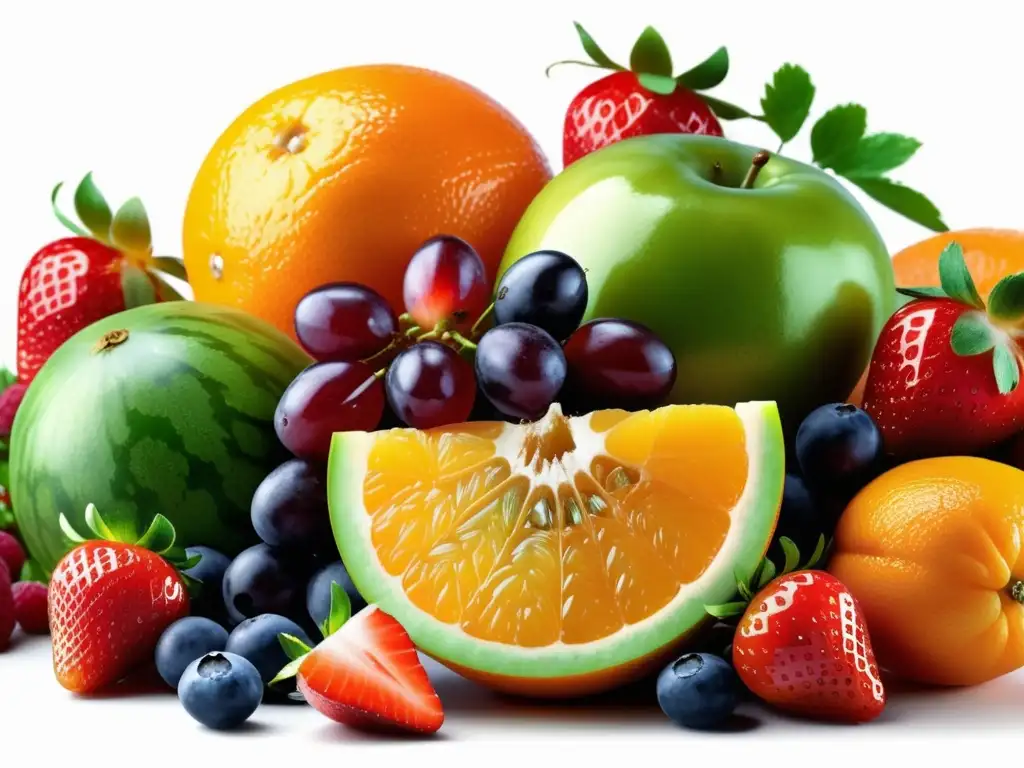 Frescos frutos vibrantes en 8k Elaboración con frutas: imagen 8k de vibrante variedad de frutas frescas, perfectamente dispuestas sobre superficie blanca