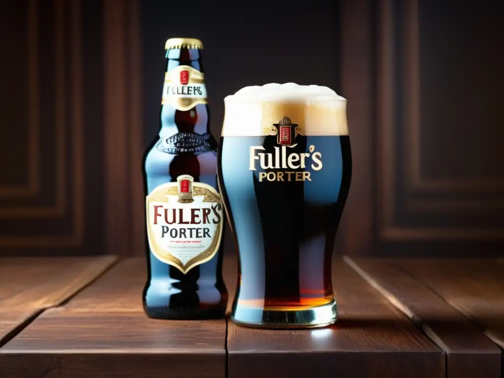 Cerveza Fuller's London Porter en vidrio elegante Cerveza English Porter, vidrio detallado con cabeza cremosa y burbujas, en fondo oscuro y mesa de madera tallada