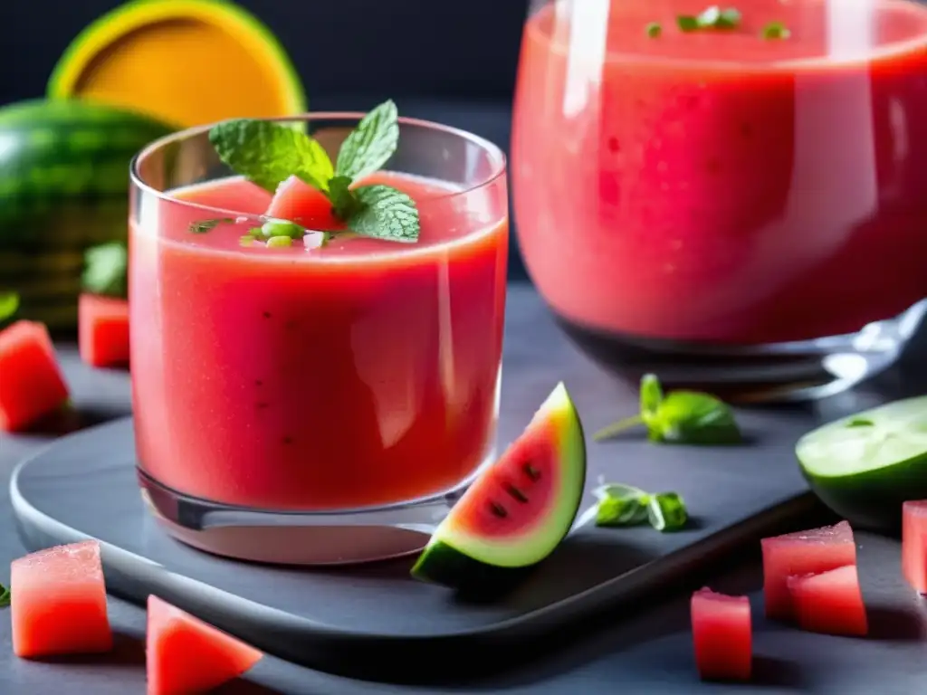 Gazpacho de sandía refrescante con menta Gazpacho de sandía con menta y cubitos de agua de sandía, pepino, cebolla roja y pimientos, en un vaso frío con cerveza Sour Ale