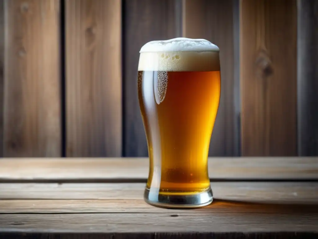 Cerveza Pale Ale en mesa de madera Pale Ale en mesa de madera con burbujas y condensación