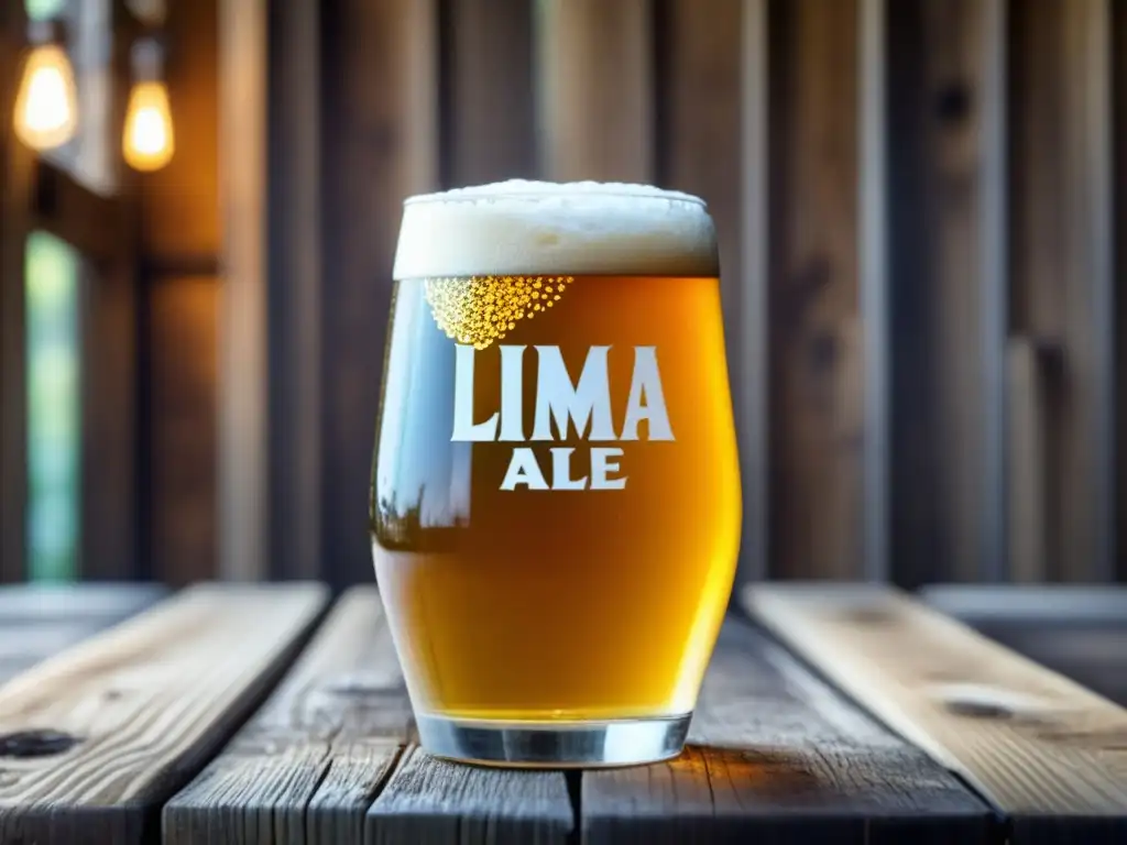 Cerveza dorada con espuma cremosa Cerveza Golden Ale en vaso de vidrio con espuma cremosa y detalles elegantes en mesa de madera