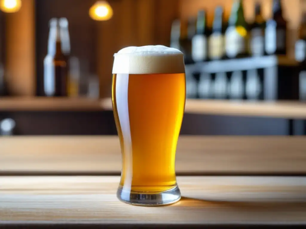 Cerveza Allende Golden Ale: Dorada y espumosa Cerveza Lager Allende Golden Ale en vaso de vidrio lleno hasta el borde, con espuma blanca cremosa y burbujas efervescentes