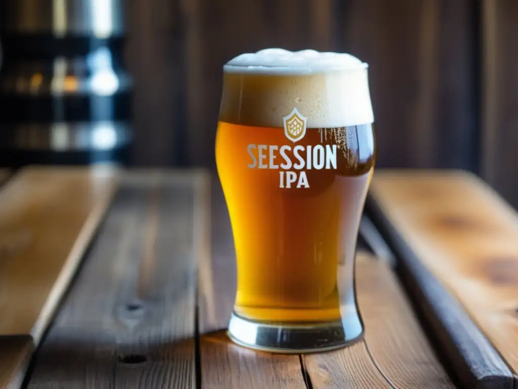 Cerveza Session IPA en vaso limpio con burbujas y lúpulos flotando en líquido