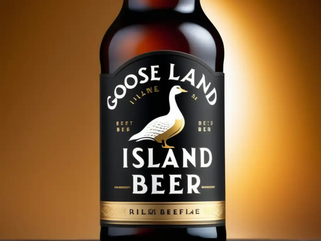 Botella de cerveza de Goose Island con logo destacado en etiqueta, resaltando detalles y artesanía