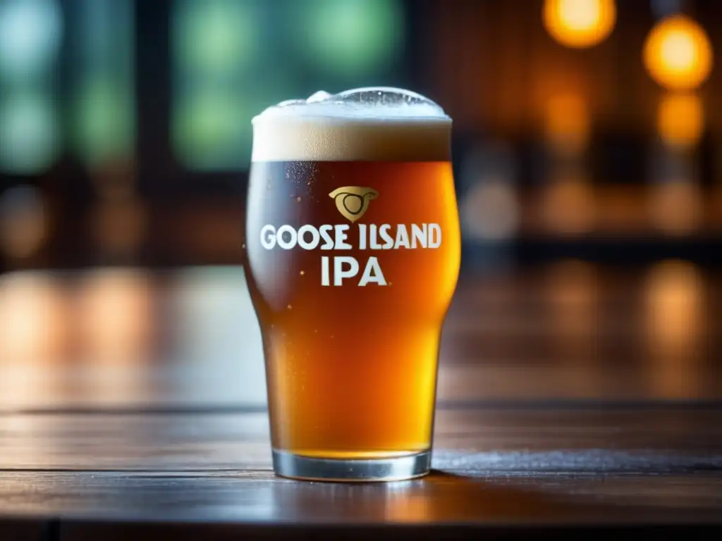 Cerveza Goose Island IPA en vaso helado, con detalles de condensación y burbujas