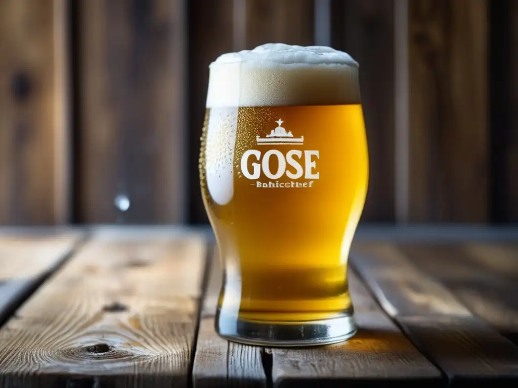 Cerveza Gose: Detalle cautivador de una copa dorada equilibrada en una mesa de madera rústica con condensación y espuma blanca