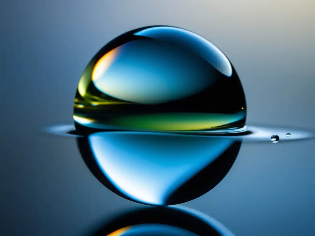 Agua cristalina en gota suspendida, detalle exquisito, esfera perfecta, reflejos de luz, patrones de tensión superficial, acabado mate elegante