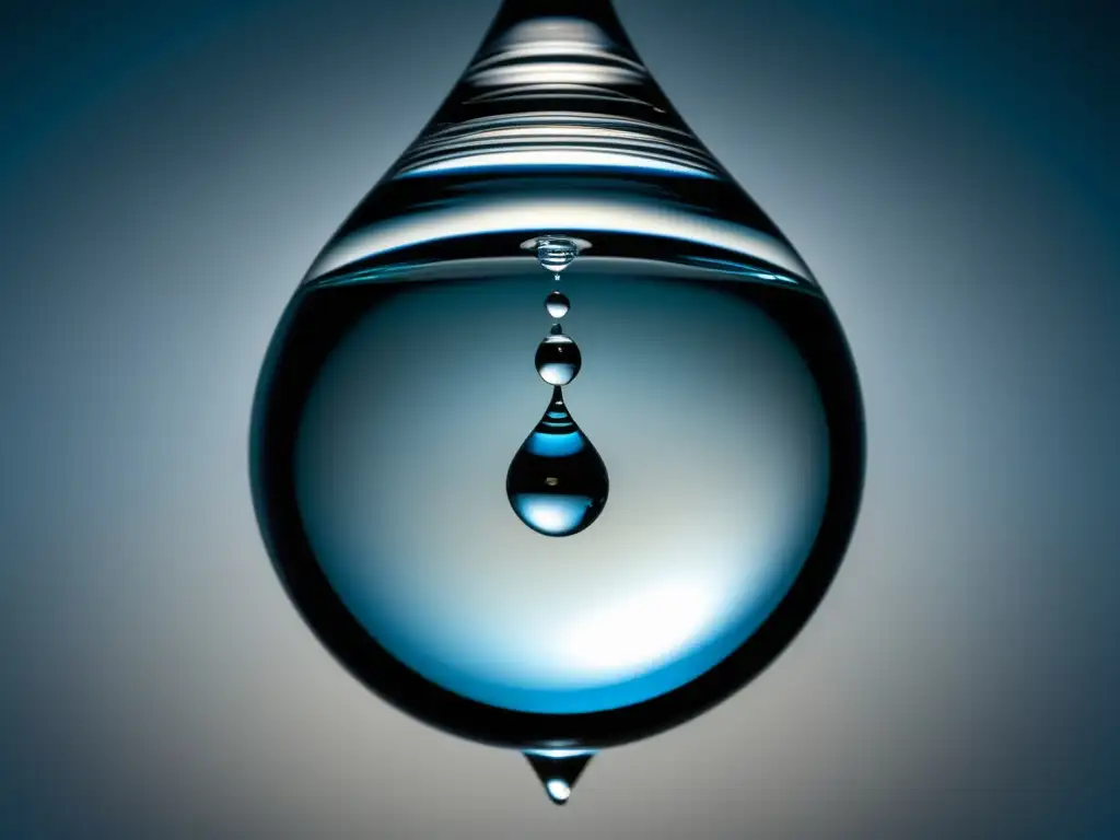 Imagen de una gota de agua cristalina suspendida en el aire, con detalles y ripples