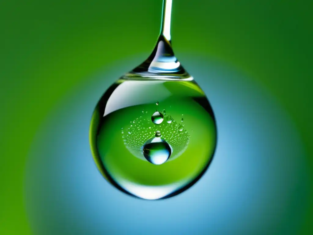 Imagen impresionante de una gota de agua cristalina suspendida en el aire, equilibrada en un cono de lúpulo verde vibrante