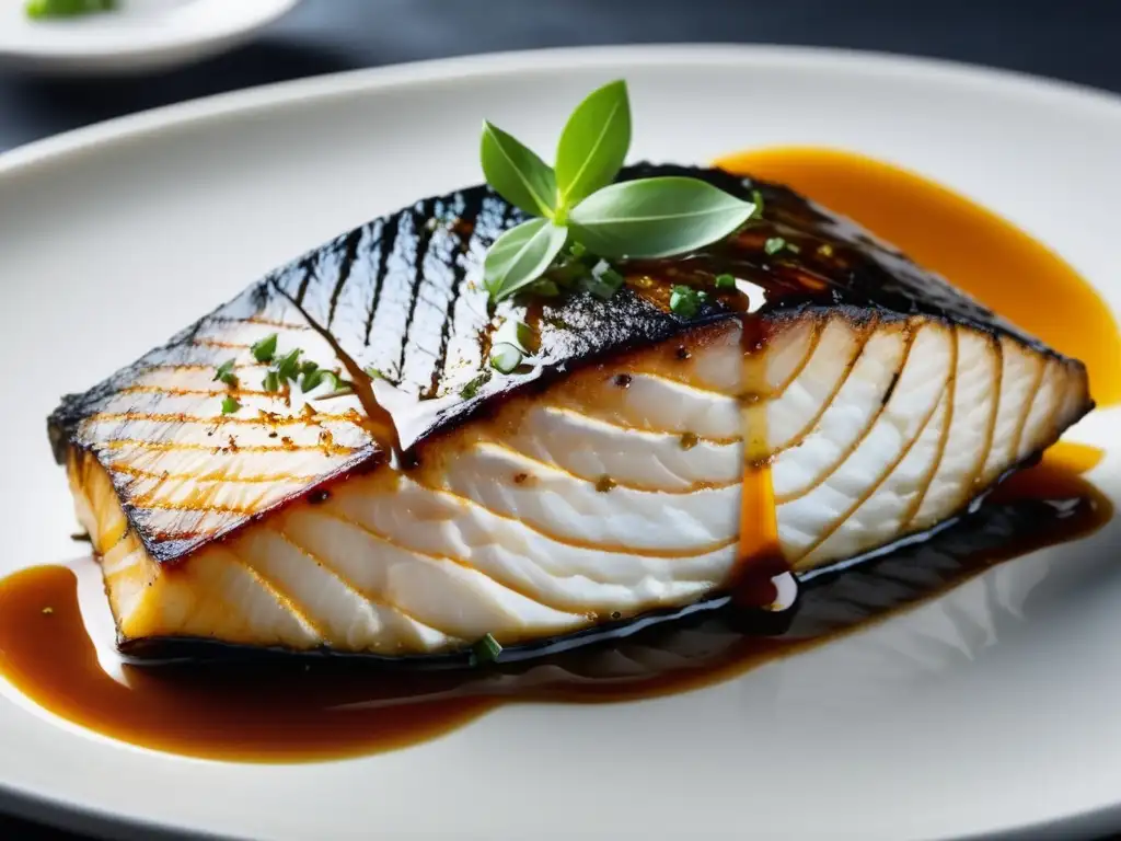 Delicioso filete de pescado a la parrilla con salsa brillante Un delicioso filete de pescado a la parrilla con salsa de bitters ingleses, dorado y jugoso, resalta sobre un fondo oscuro