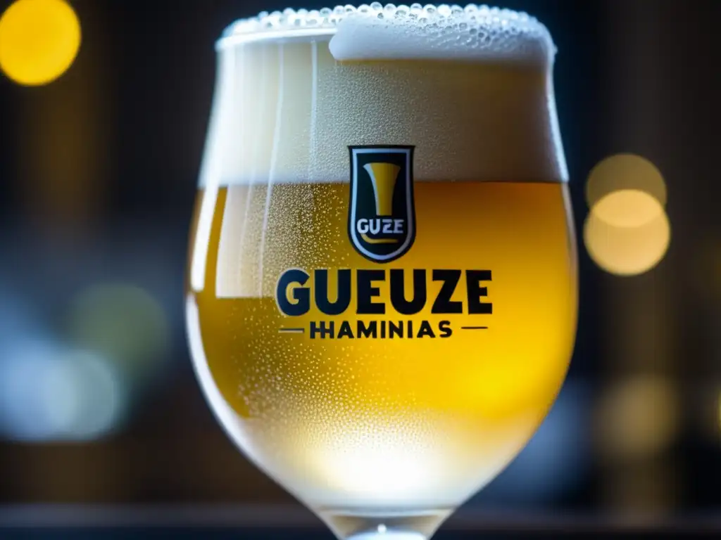 Cerveza Gueuze dorada con burbujas y espuma Copa de cerveza Gueuze tradicional, dorada y efervescente, con espuma blanca y burbujas intrincadas