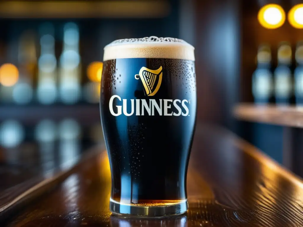 Pinta de Guinness en barra de madera Un pint de cerveza Guinness en un bar de madera, con condensación en el vidrio