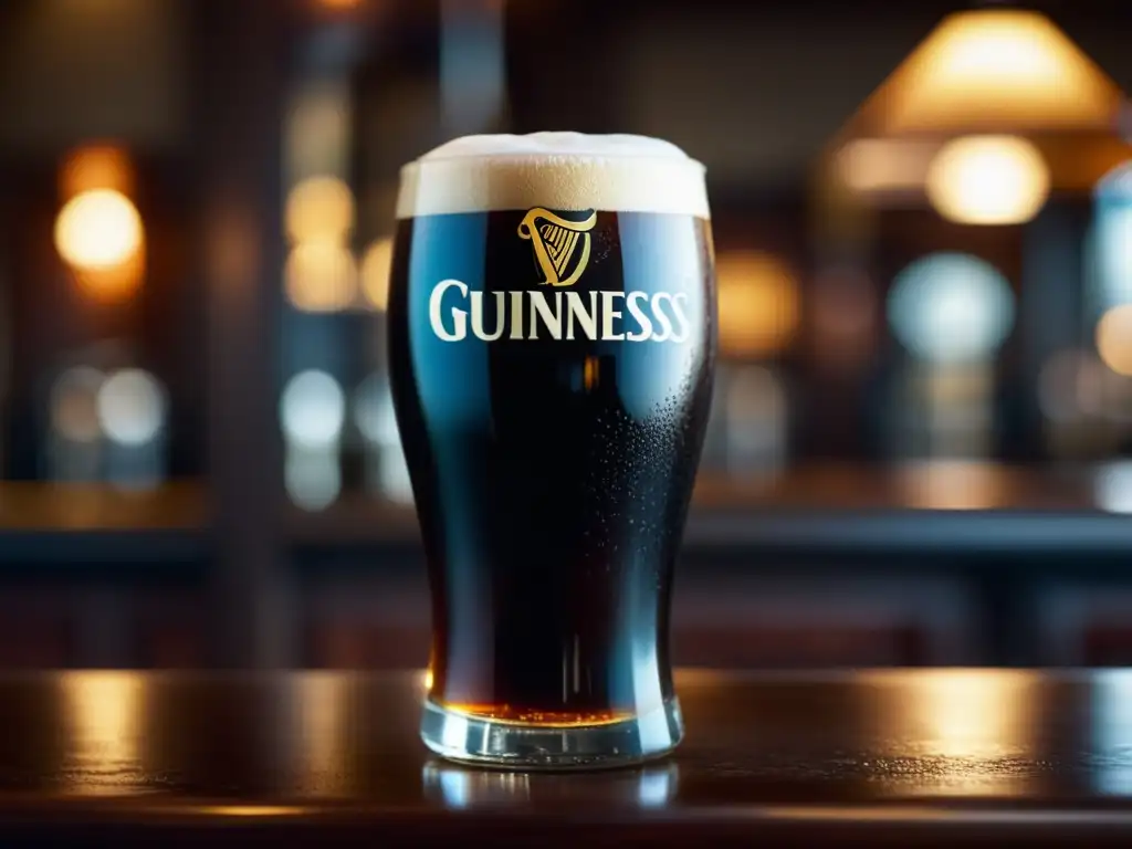 Cerveza Guinness en bar: color oscuro y frescura Pint of Guinness en bar de Dublin, auténtico y sofisticado