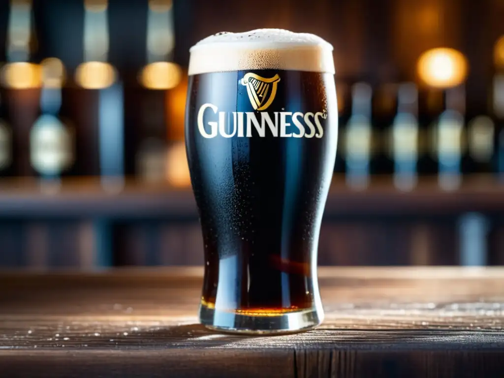 Cerveza Guinness perfectamente servida Pintura Guinness en bar rústico, auténtico ambiente de 'Bares en Dublin' (110 caracteres)