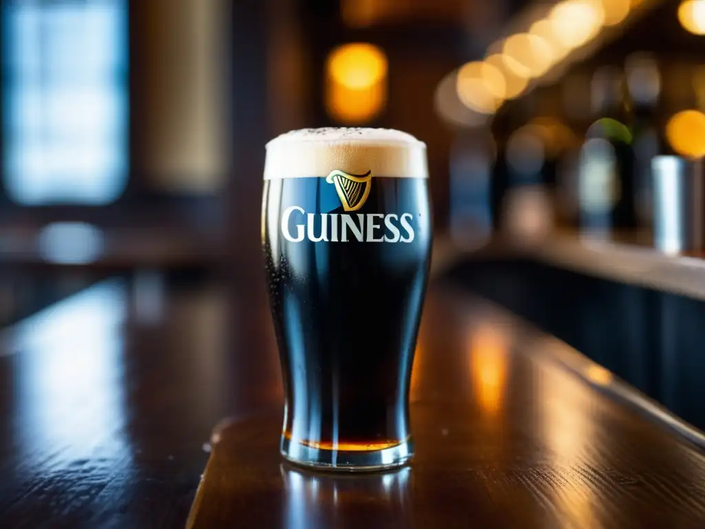 Pint Guinness en barra de madera Pint of Guinness beer on wooden bar counter