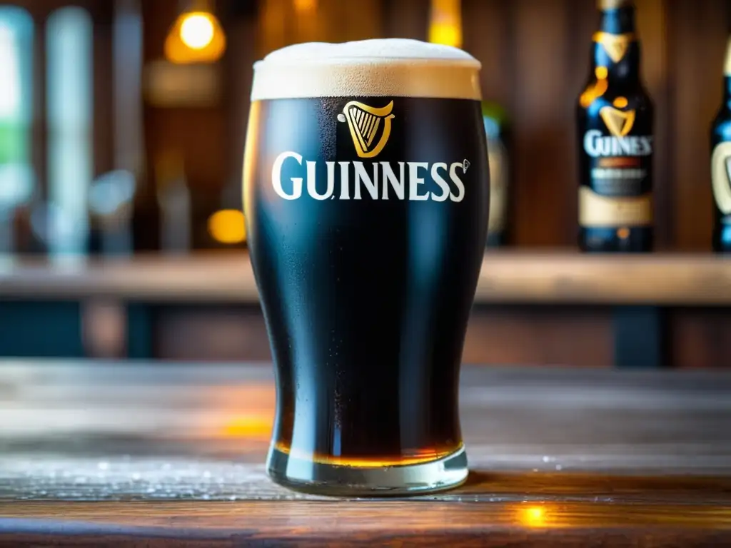 Pinta de Guinness en bar rústico Una espectacular imagen de una pinta perfectamente servida de cerveza Guinness en un bar rústico