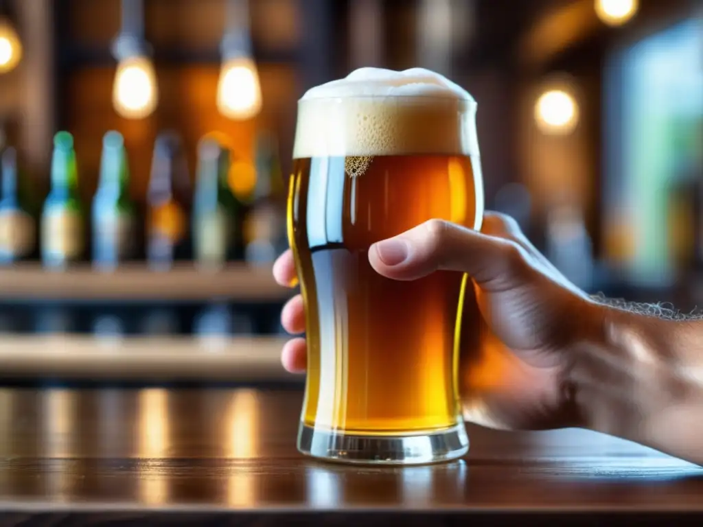 Mano sosteniendo cerveza artesanal Mano sosteniendo cerveza artesanal dorada con espuma, sobre mesa de madera, con fondo borroso de botellas y equipos de elaboración